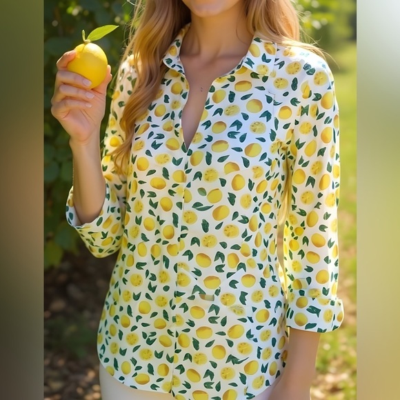 Eden & Olivia Tops - Casual V-Neck Cuffed Long Sleeves Cotton Blouse A-Line Lemon Print